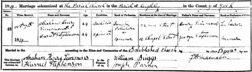 Abraham and Harriets marriage record