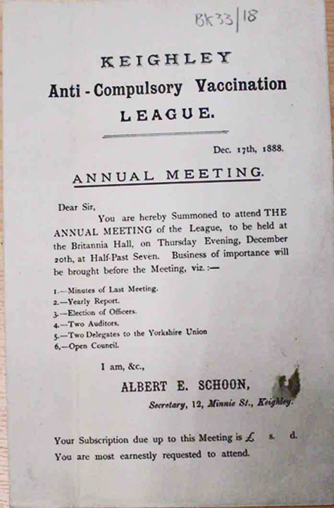 1888 notice for the Anti-Compulsory Vaccination League