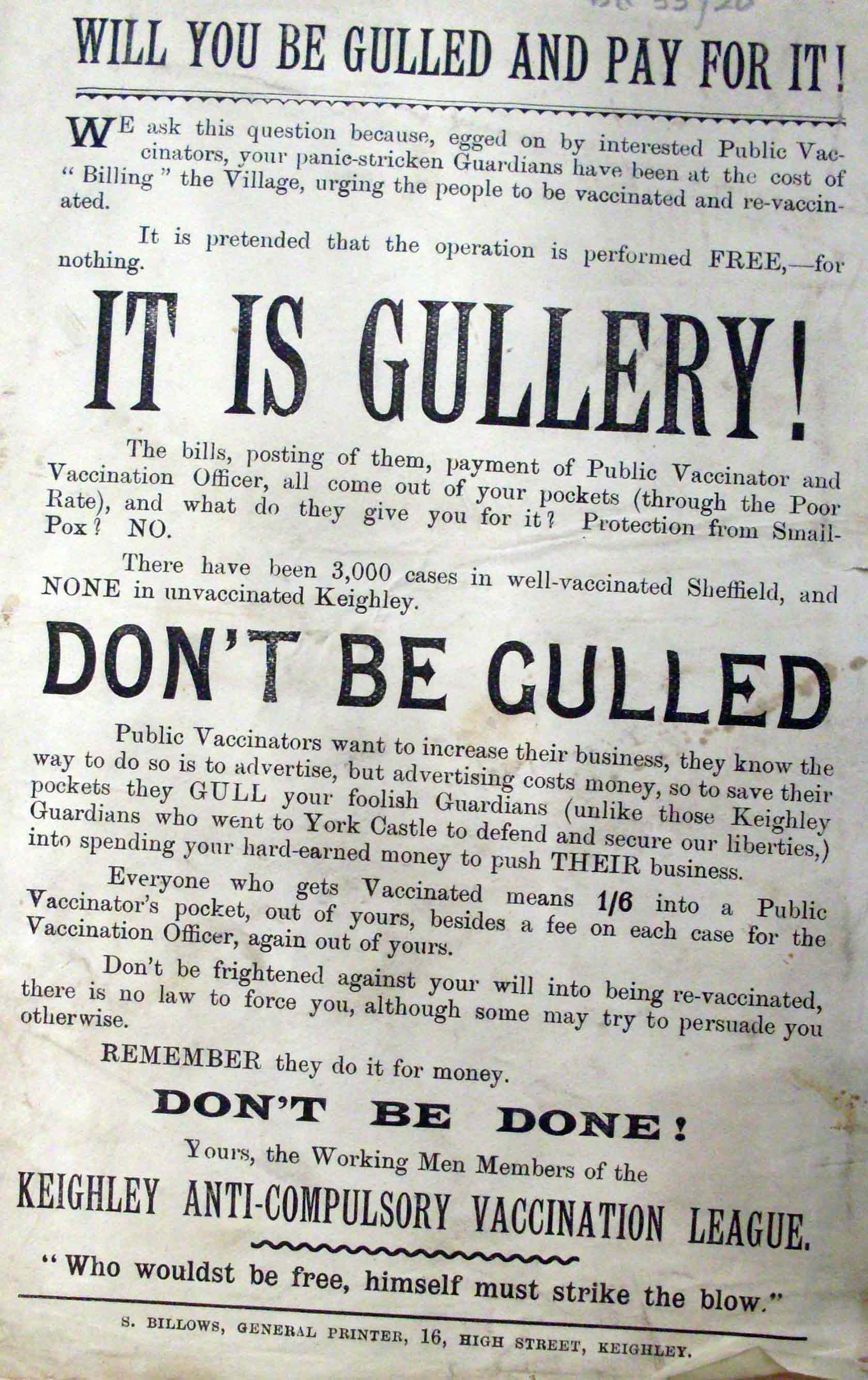 A poster from the Yorkshire Anti-Compulsory Vaccination League
