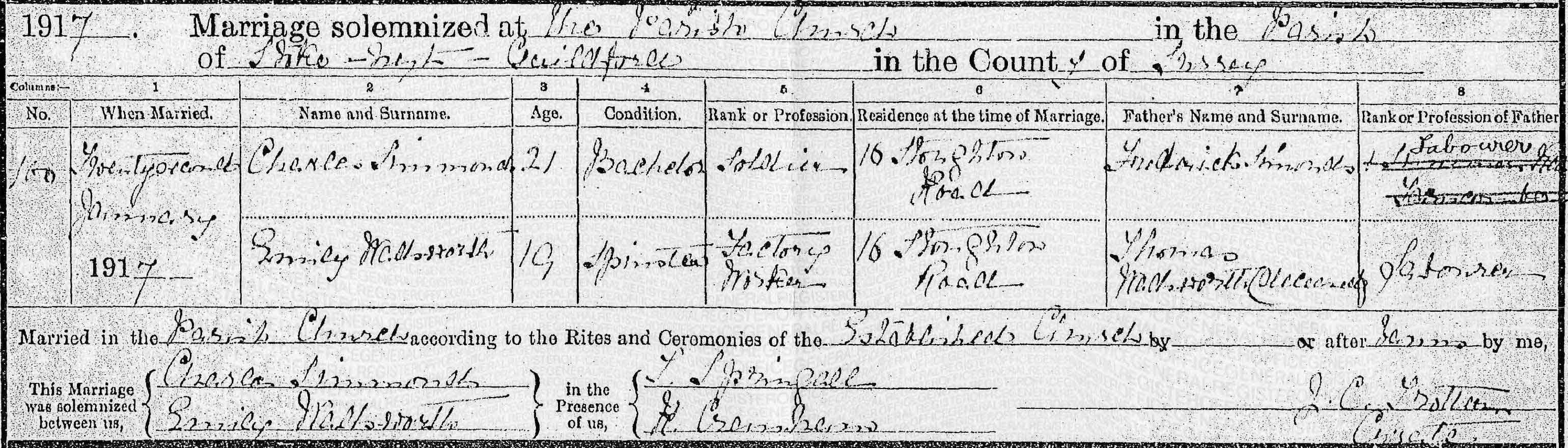 Charles and Emily Marriage Certificate