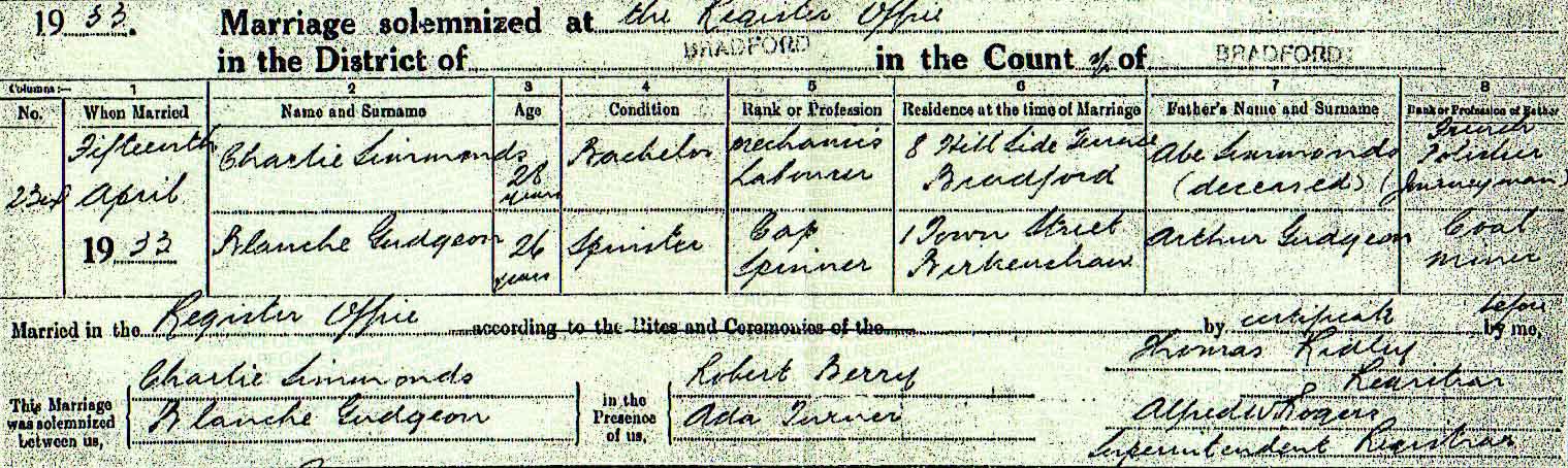 Marriage certificate of Charlie and Blanche