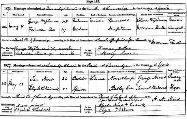 Marriage details of Geeorge Stephenson and Isabella Lee