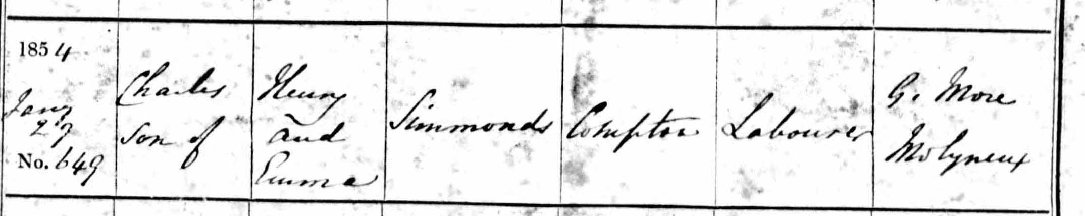 Charles Simmonds 1854 baptism