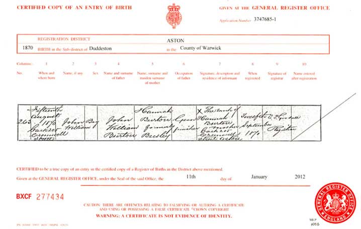Copy of John William's birth certificate