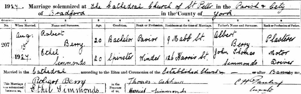 Robert and Ethel's marriage record