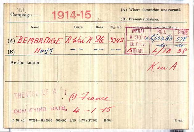 Henry's Army Record Card from WWI