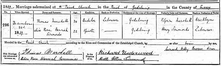 The wedding entry for Thomas and Alice
