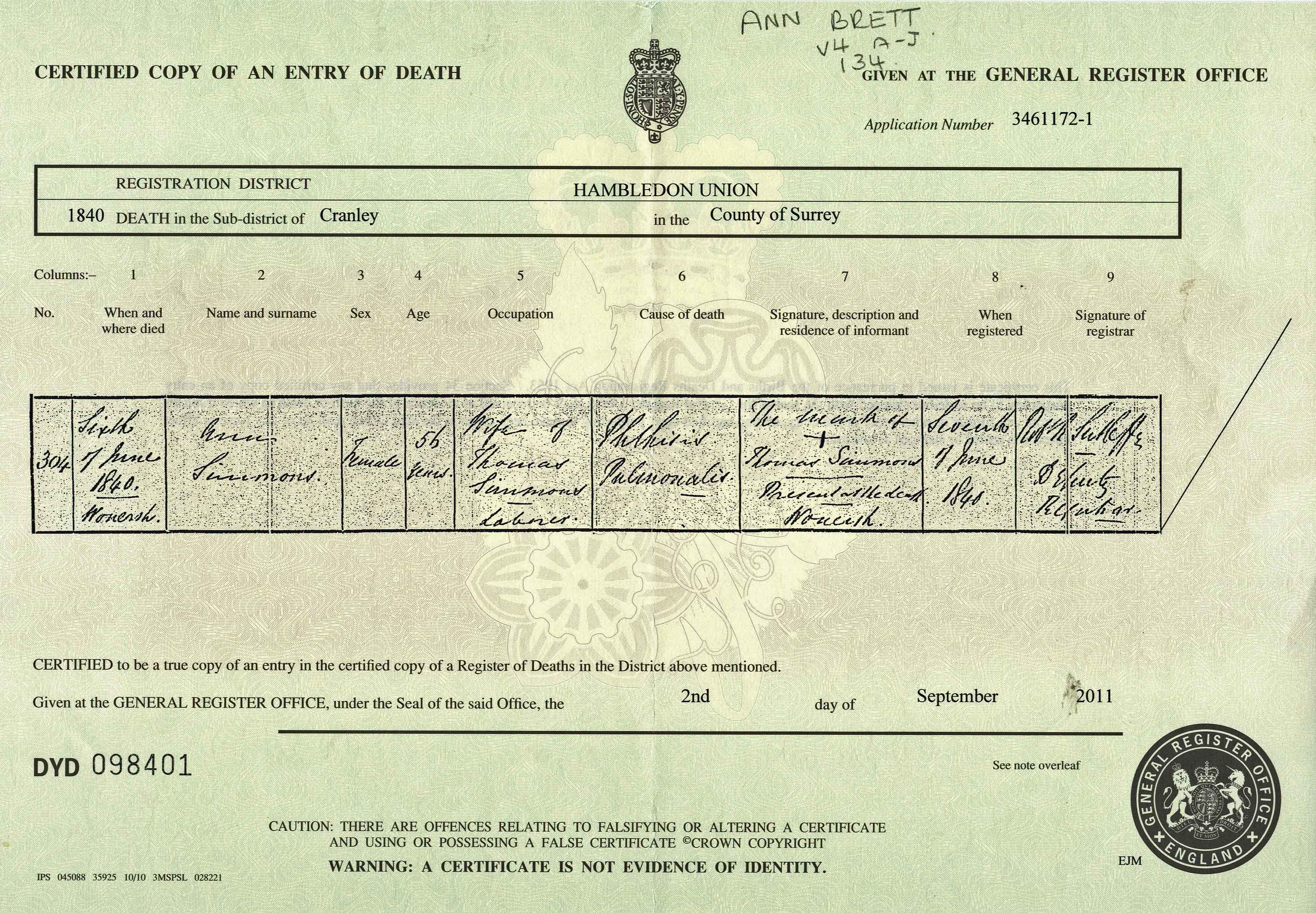 Ann Brett death certificate